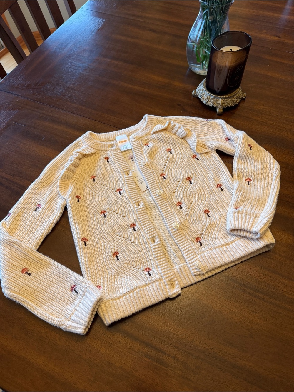 Gymboree Cream Knit Cardigan with Tiny mushroom Embroidery